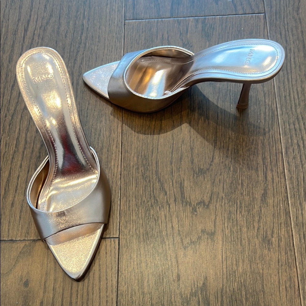 Mango Gold and Pink Heeled Mules with Pointed Toe